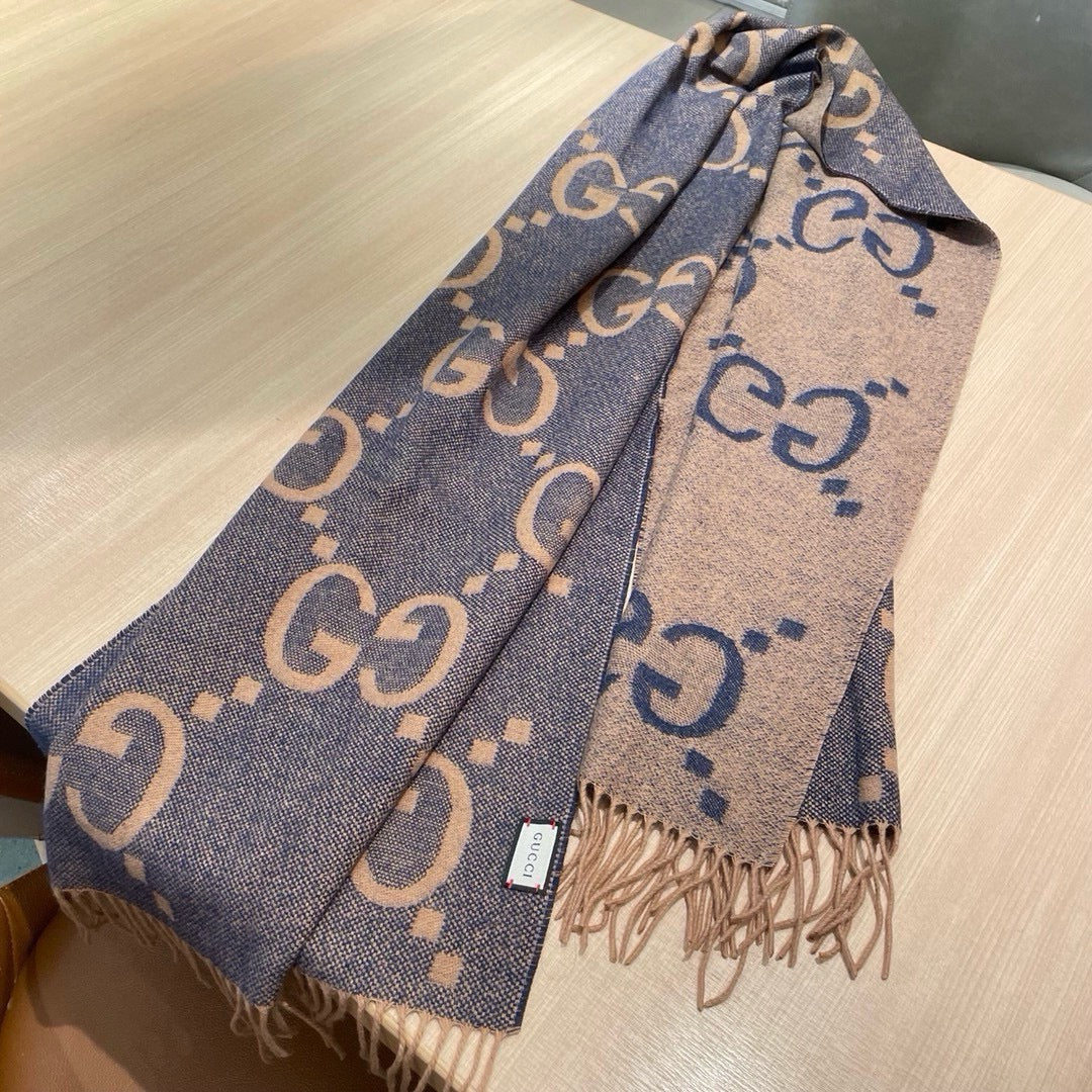 GG JACQUARD PATTERN KNIT SCARF 195 CM WITH TASSELS PIGEON BLUE 403745 mysite