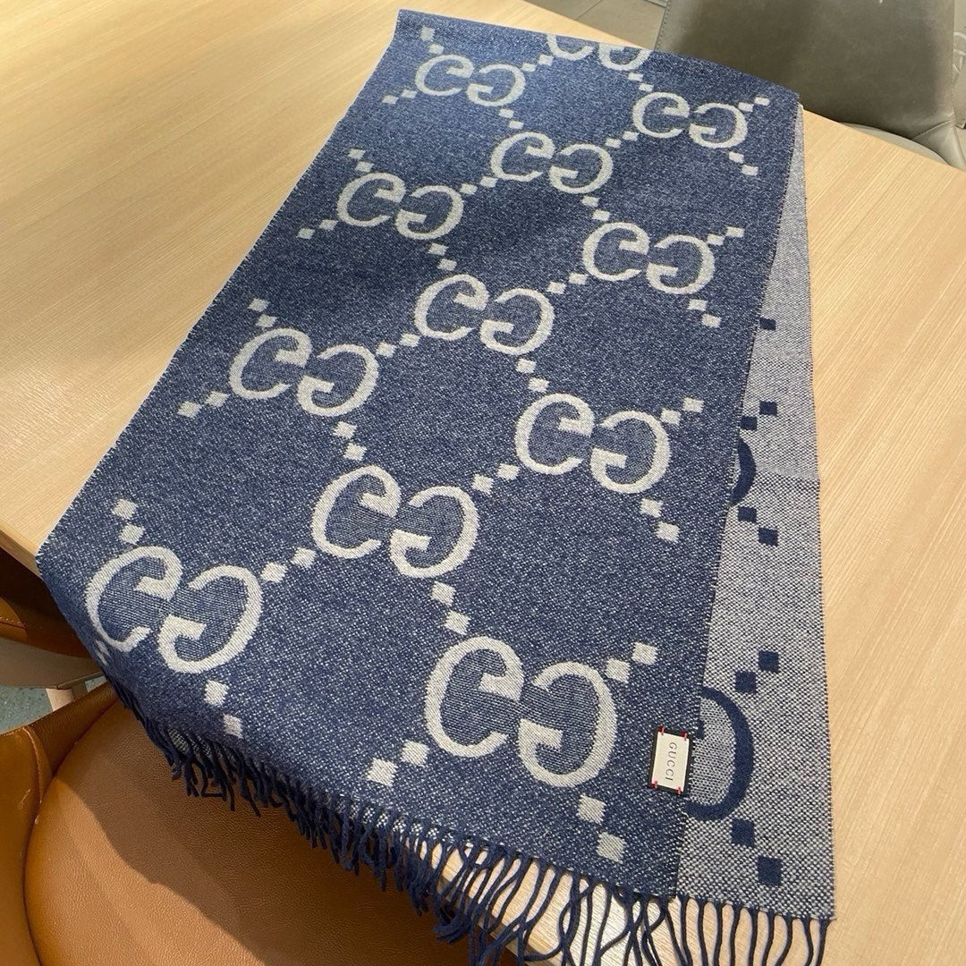 GG JACQUARD PATTERN KNIT SCARF 195 CM WITH TASSELS NAVY BLUE 403747 mysite