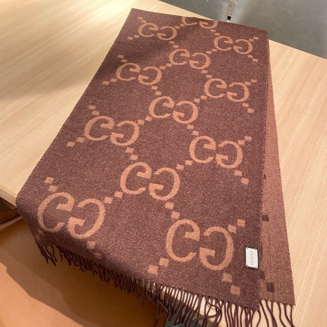 GG JACQUARD PATTERN KNIT SCARF 195 CM WITH TASSELS CHESTNUT BROWN 403749 mysite