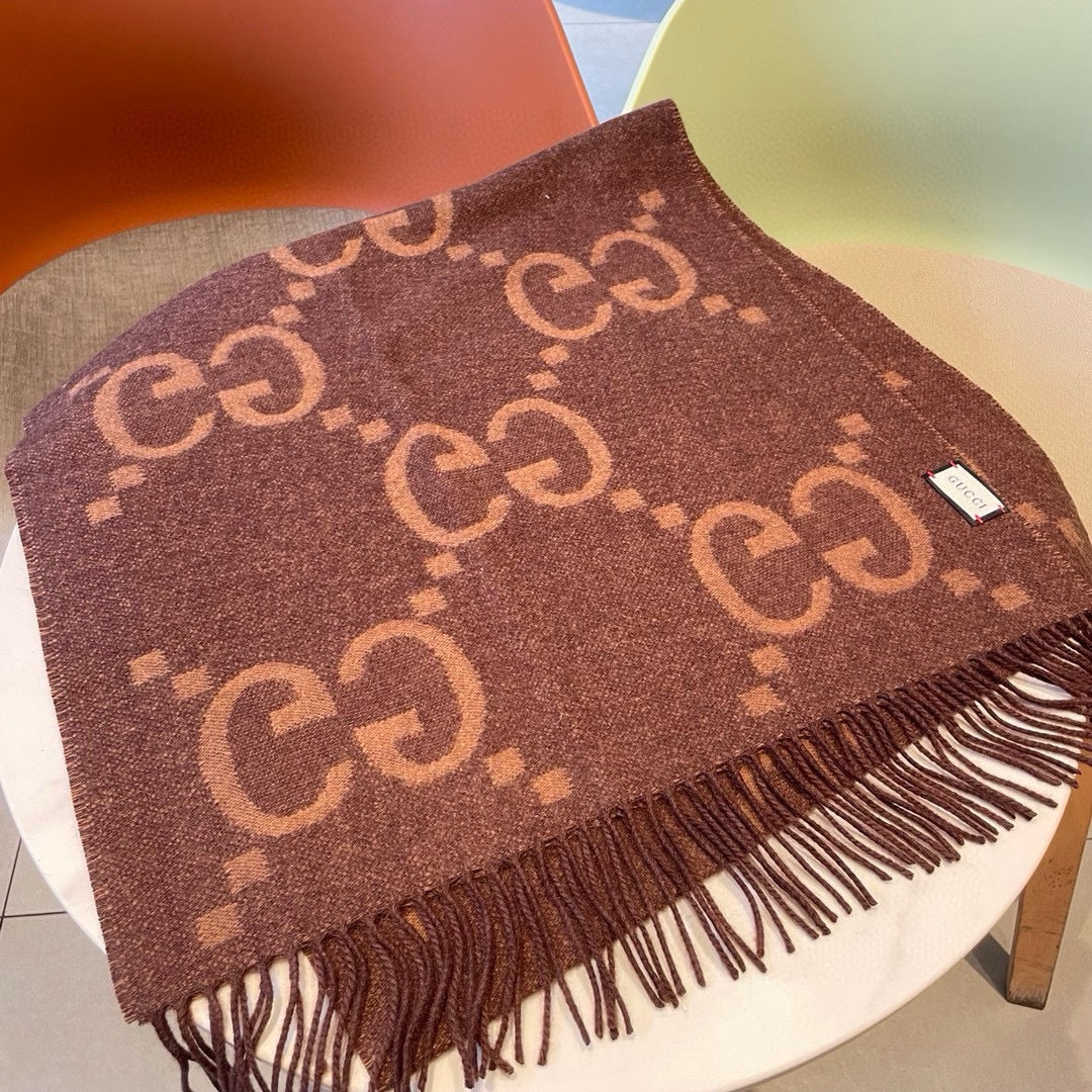 GG JACQUARD PATTERN KNIT SCARF 195 CM WITH TASSELS CHESTNUT BROWN 403749 mysite
