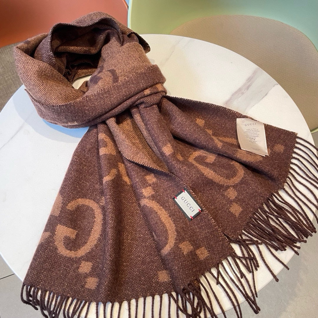 GG JACQUARD PATTERN KNIT SCARF 195 CM WITH TASSELS CHESTNUT BROWN 403749 mysite