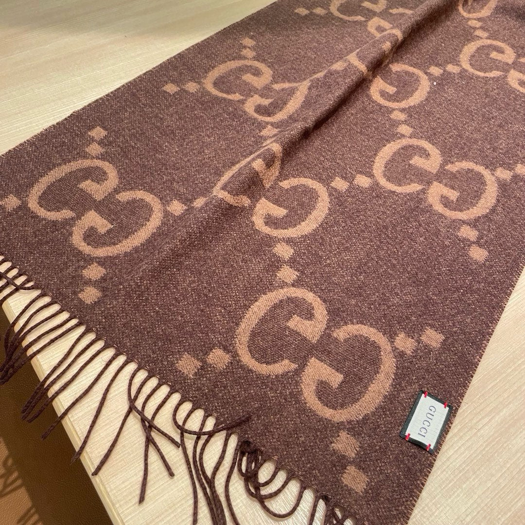 GG JACQUARD PATTERN KNIT SCARF 195 CM WITH TASSELS CHESTNUT BROWN 403749 mysite