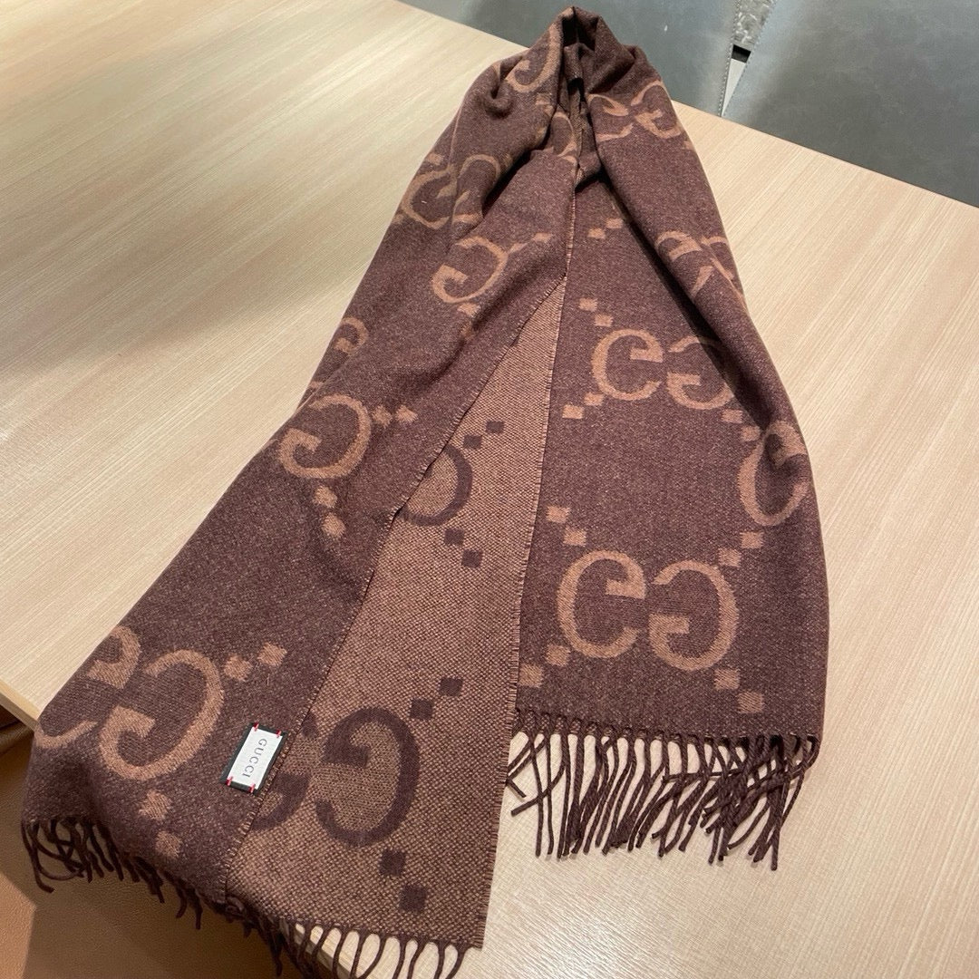 GG JACQUARD PATTERN KNIT SCARF 195 CM WITH TASSELS CHESTNUT BROWN 403749 mysite
