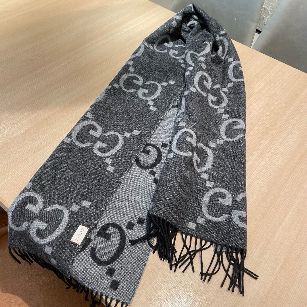 GG JACQUARD PATTERN KNIT SCARF 195 CM WITH TASSELS MOUSE GRAY 403750 mysite