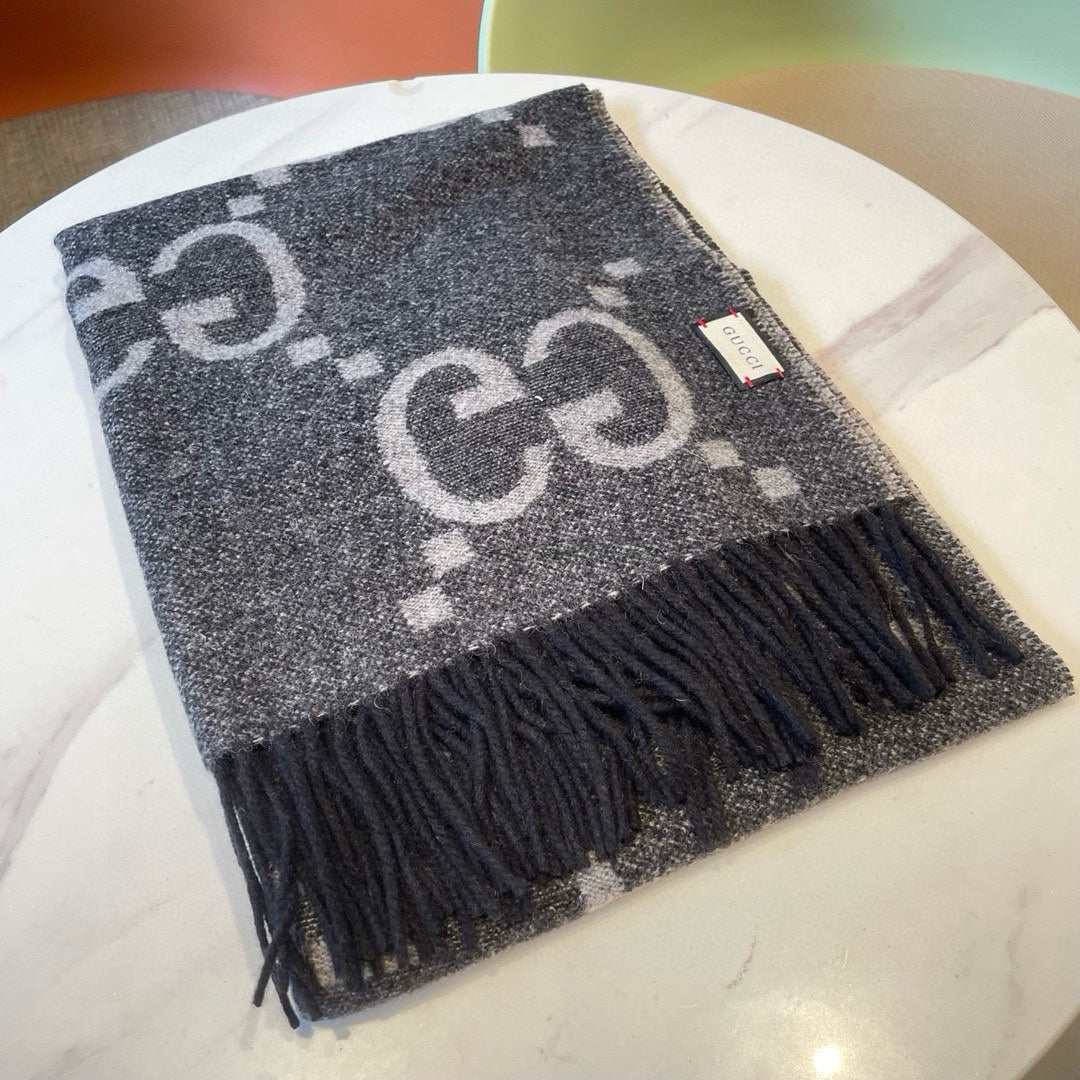 GG JACQUARD PATTERN KNIT SCARF 195 CM WITH TASSELS MOUSE GRAY 403750 mysite