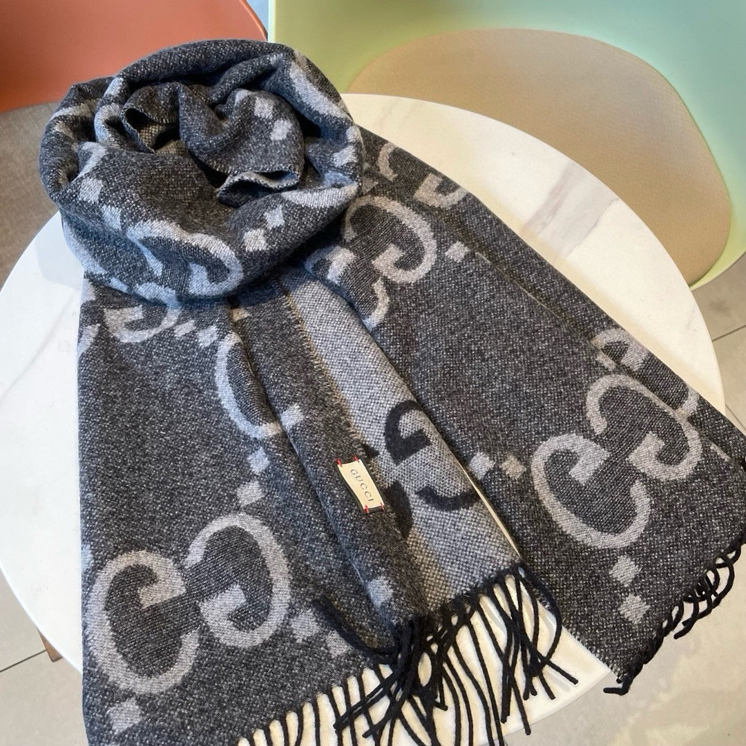 GG JACQUARD PATTERN KNIT SCARF 195 CM WITH TASSELS MOUSE GRAY 403750 mysite
