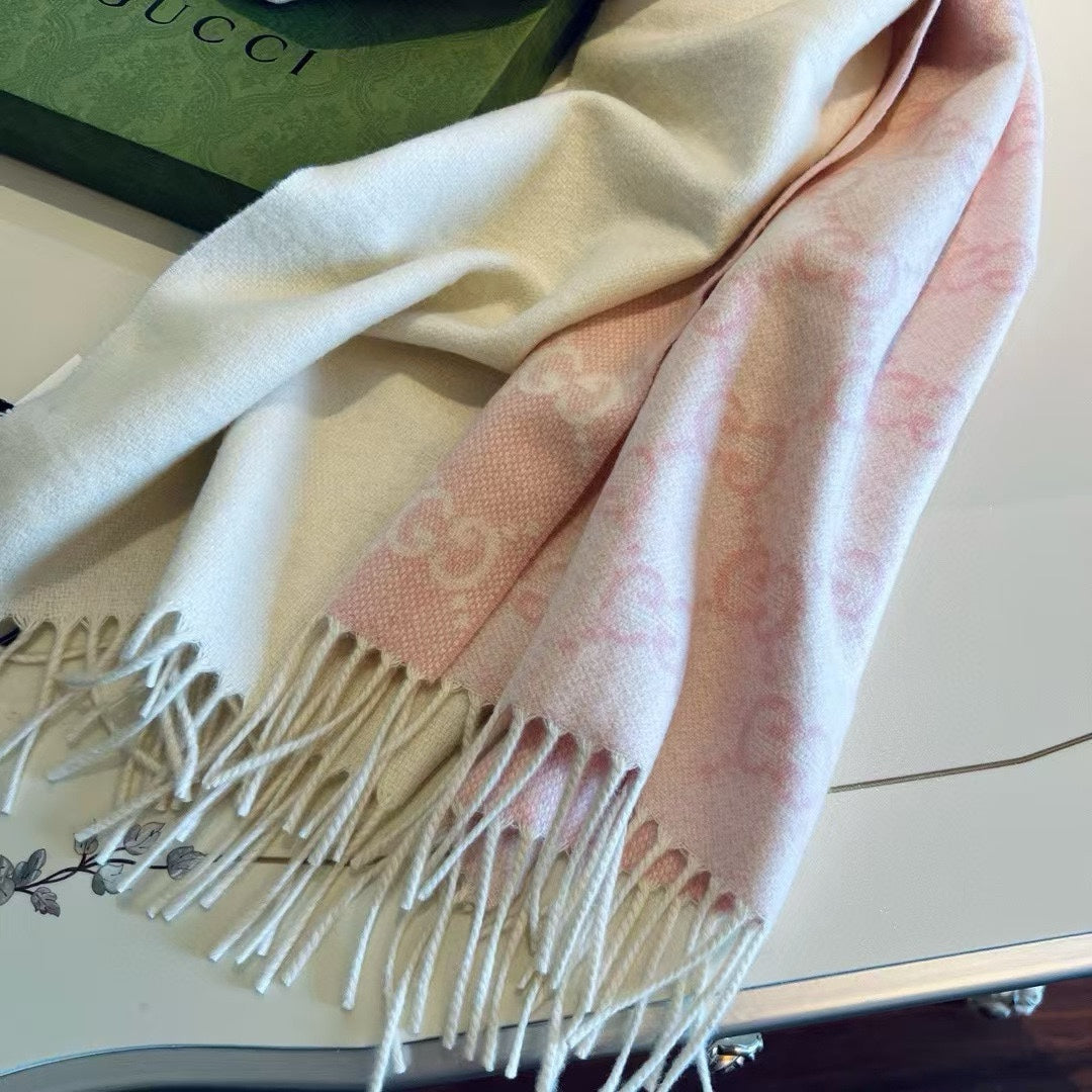 SCARF 200 CM LIGHT PINK AND IVORY GG CASHMERE JACQUARD 405134 mysite