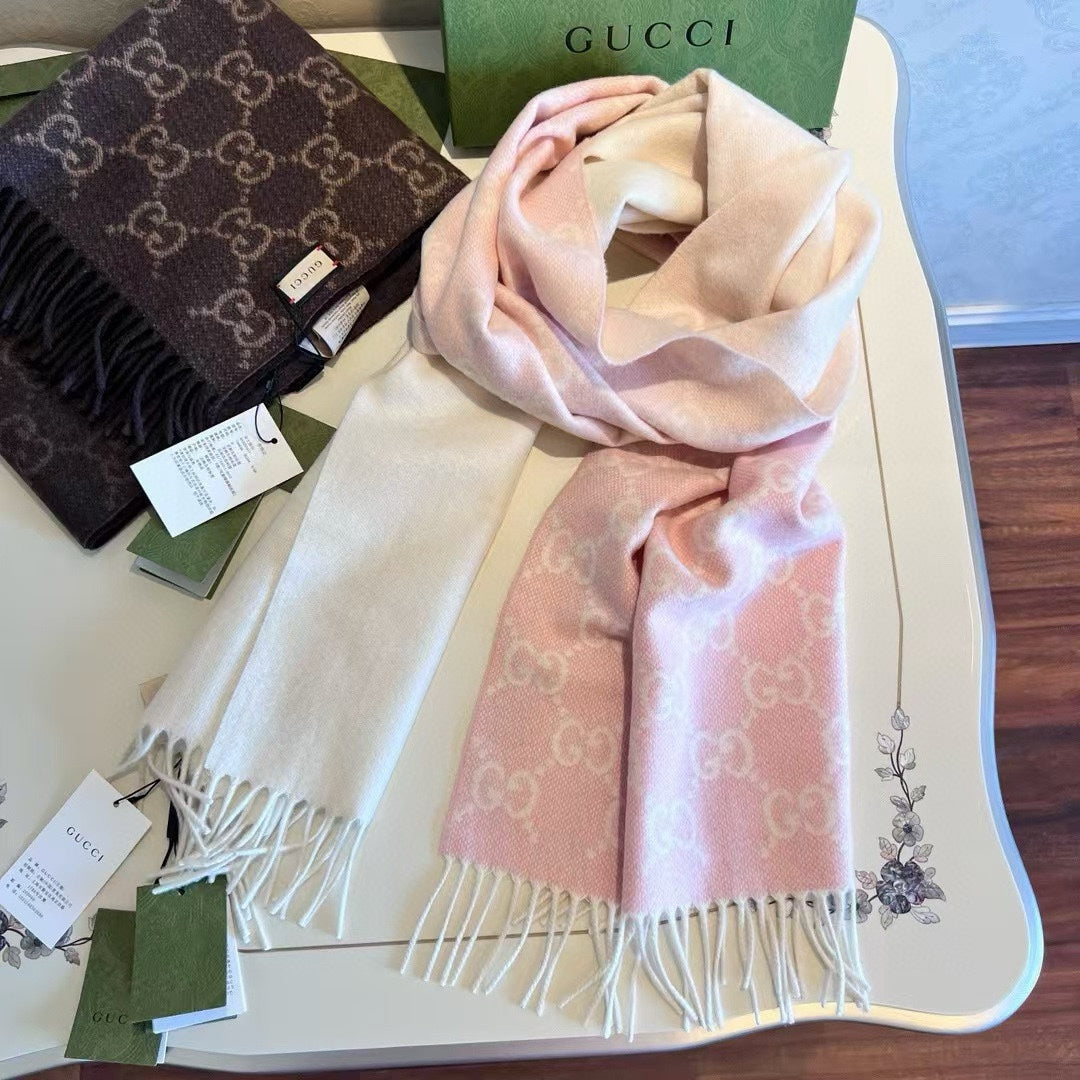 SCARF 200 CM LIGHT PINK AND IVORY GG CASHMERE JACQUARD 405134 mysite