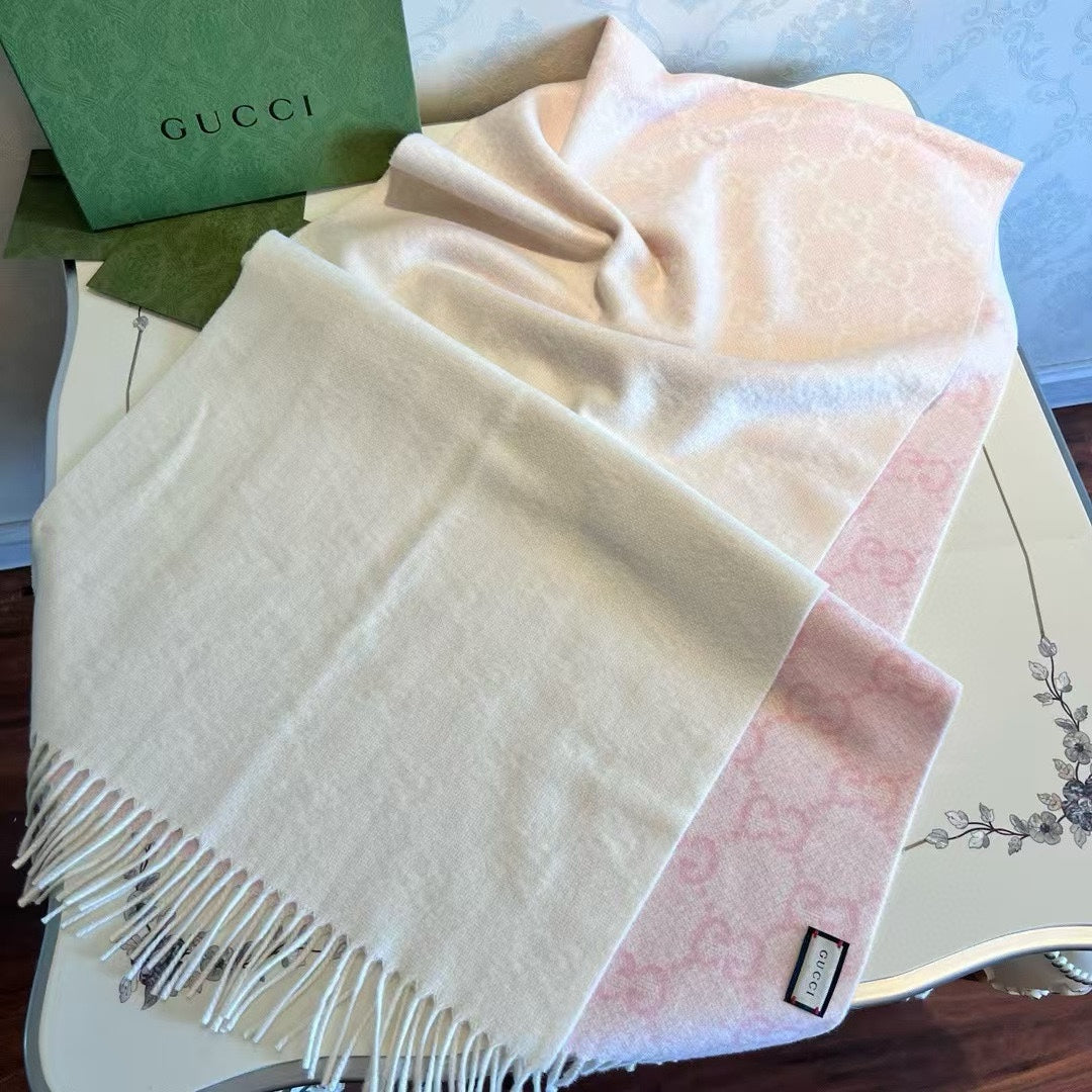SCARF 200 CM LIGHT PINK AND IVORY GG CASHMERE JACQUARD 405134 mysite