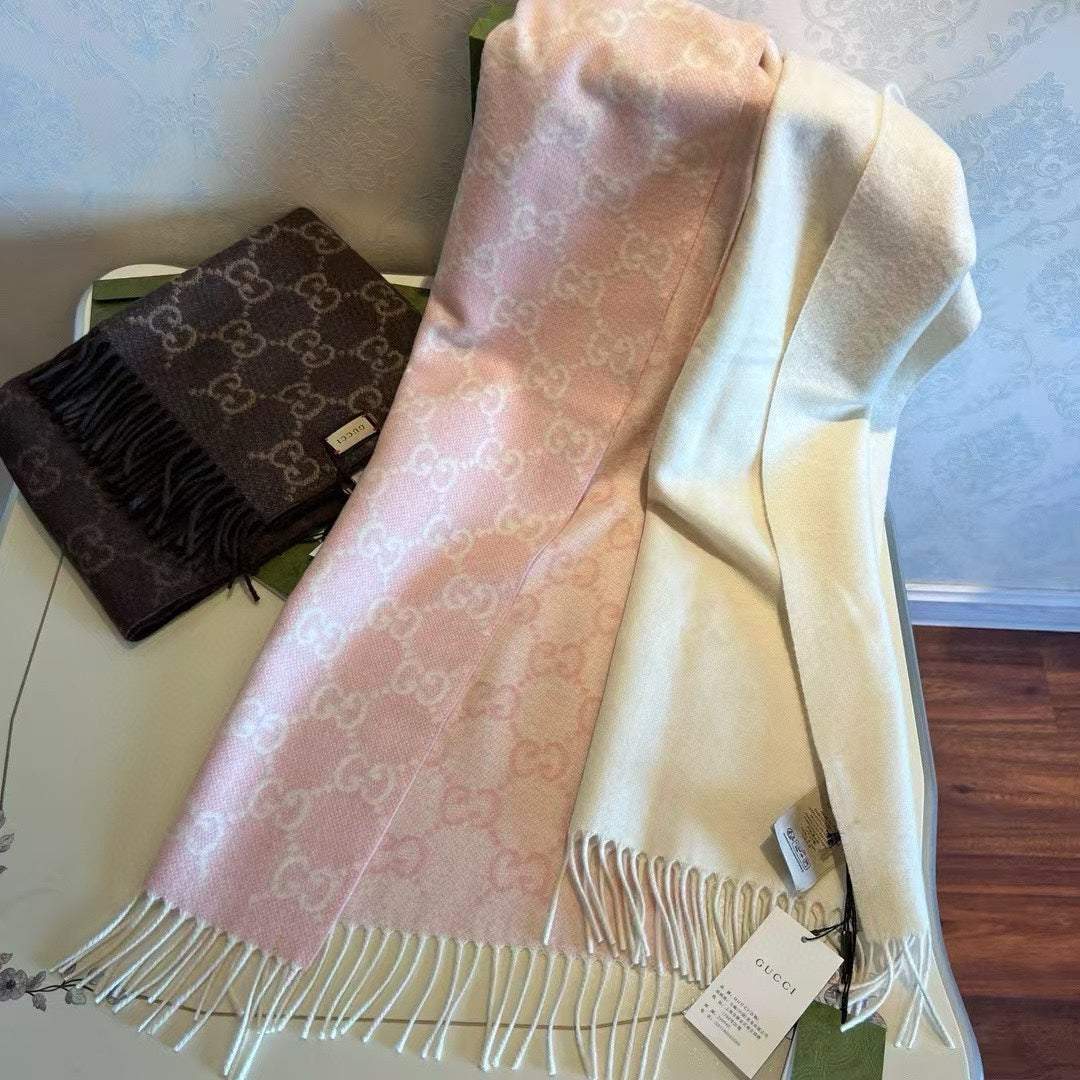 SCARF 200 CM LIGHT PINK AND IVORY GG CASHMERE JACQUARD 405134 mysite
