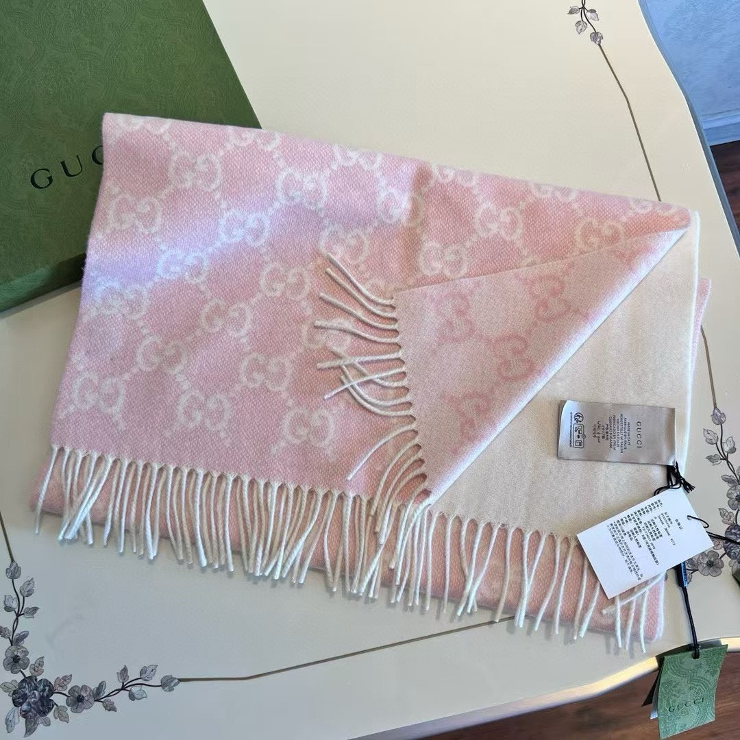 SCARF 200 CM LIGHT PINK AND IVORY GG CASHMERE JACQUARD 405134 mysite