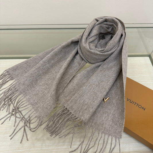 SCARF 200 CM IN PALE GRAY CASHMERE WITH GOLD LOGO 393102 mysite