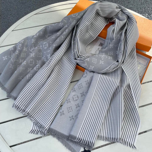 MONOGRAM SCARF 200 CM IN LIGHT GRAY CASHMERE AND SILK 388079 mysite