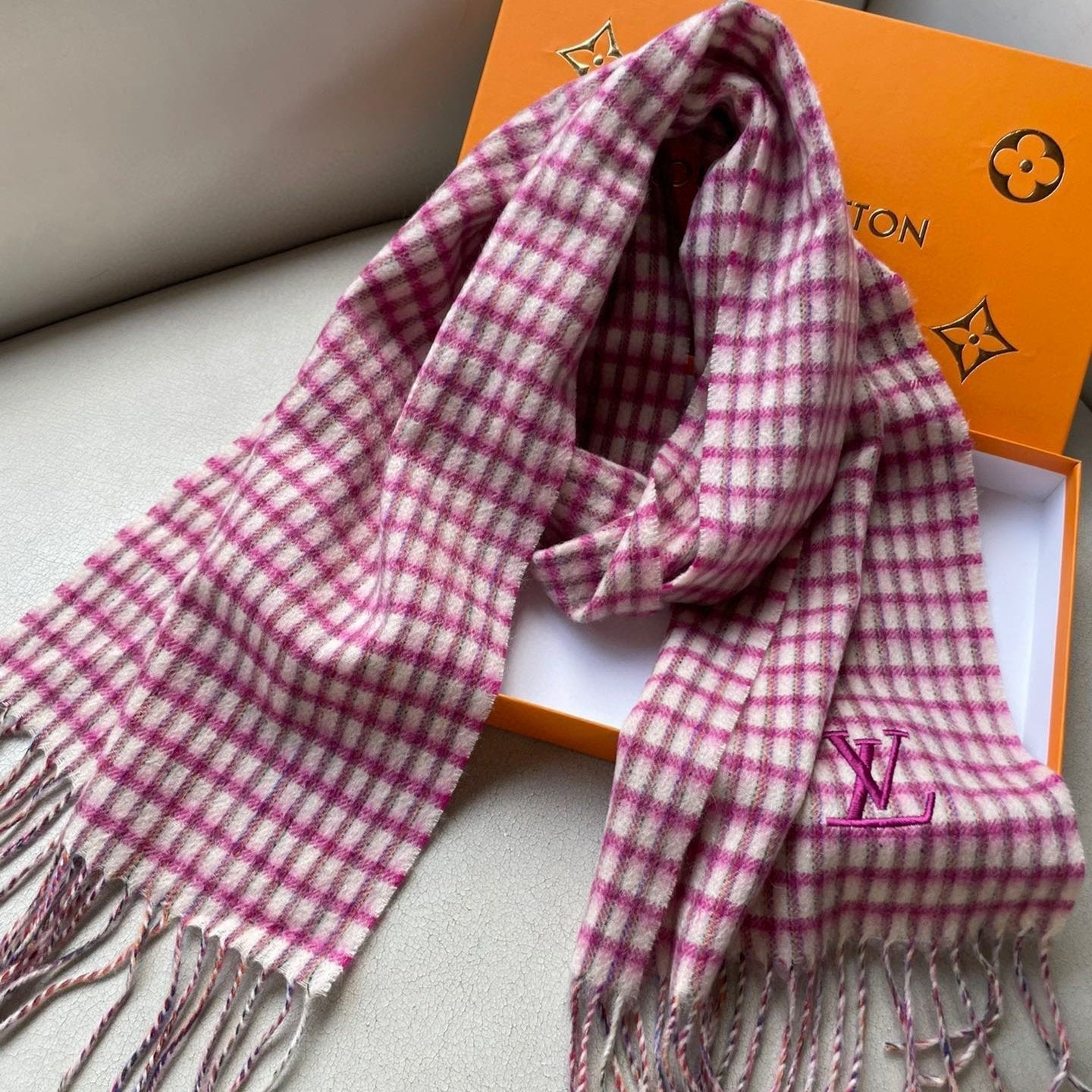 PLAID EMBROIDERY SCARF 180 CM IN BRIGHT PINK CASHMERE 399964 mysite