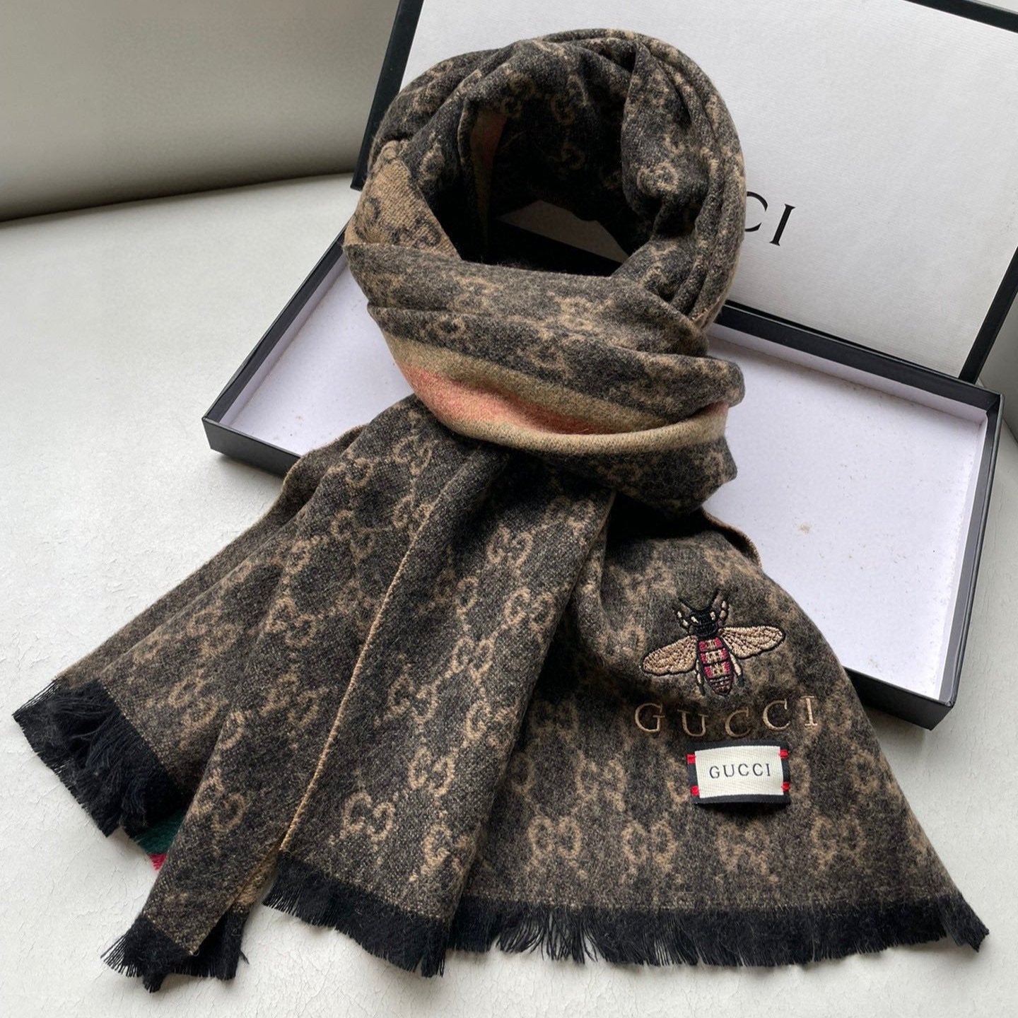 SCARF 180 CM IN BROWN MONOGRAM CASHMERE 402214 mysite