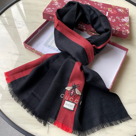 SCARF 200 CM IN BLACK MIX RED CASHMERE WITH EMBROIDERED BEE 407516 mysite