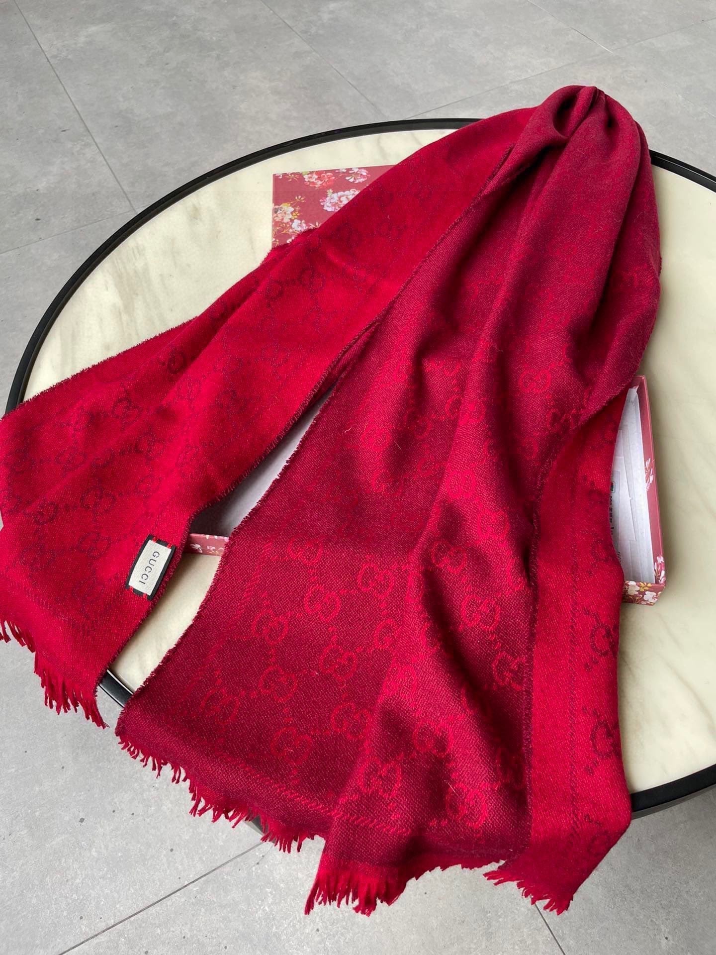 SCARF 180 CM IN CHERRY RED GG PATTERN MONOGRAM WOOL 407527 mysite