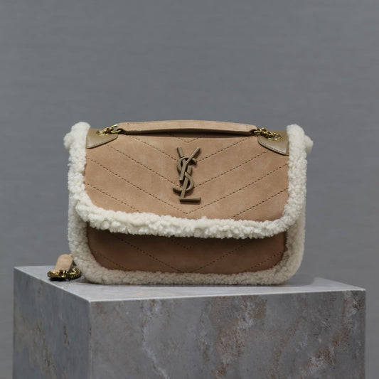 NIKI SMALL 22 IN CAMEL SUEDE AND WHITE SHEARLING mysite