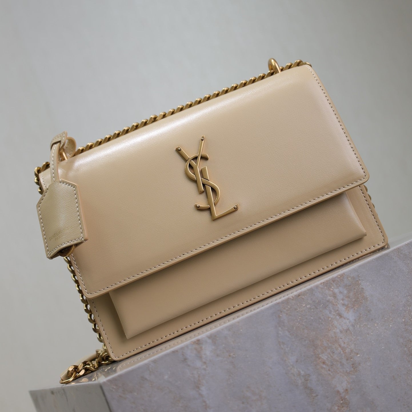 YSL Medium Sunset Shoulder Bag 22cm Beige Cowhide GHW mysite