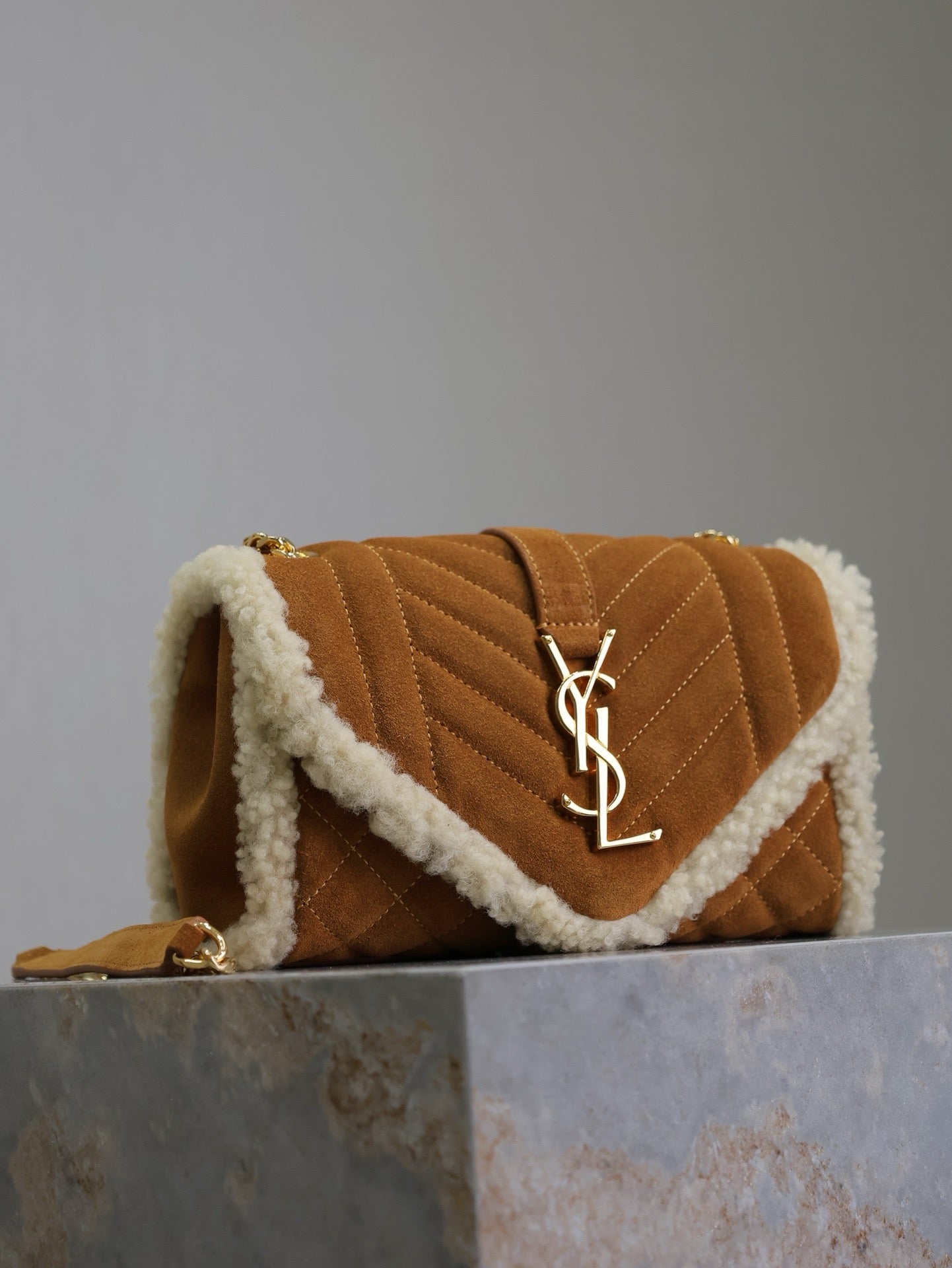 ENVELOPE CHAIN BAG 21 IN BRONZE BROWN SUEDE AND WHITE SHEARLING TRIM GOLD HARDWARE mysite