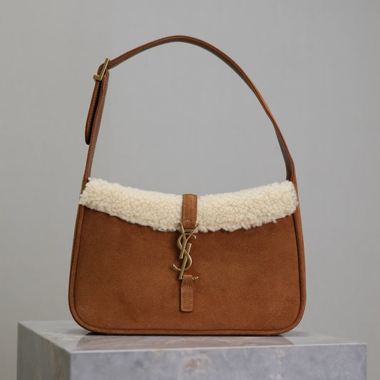 LE 5 À 7 SHOULDER BAG 25 IN BROWNIE SUEDE AND WHITE SHEARLING TRIM mysite