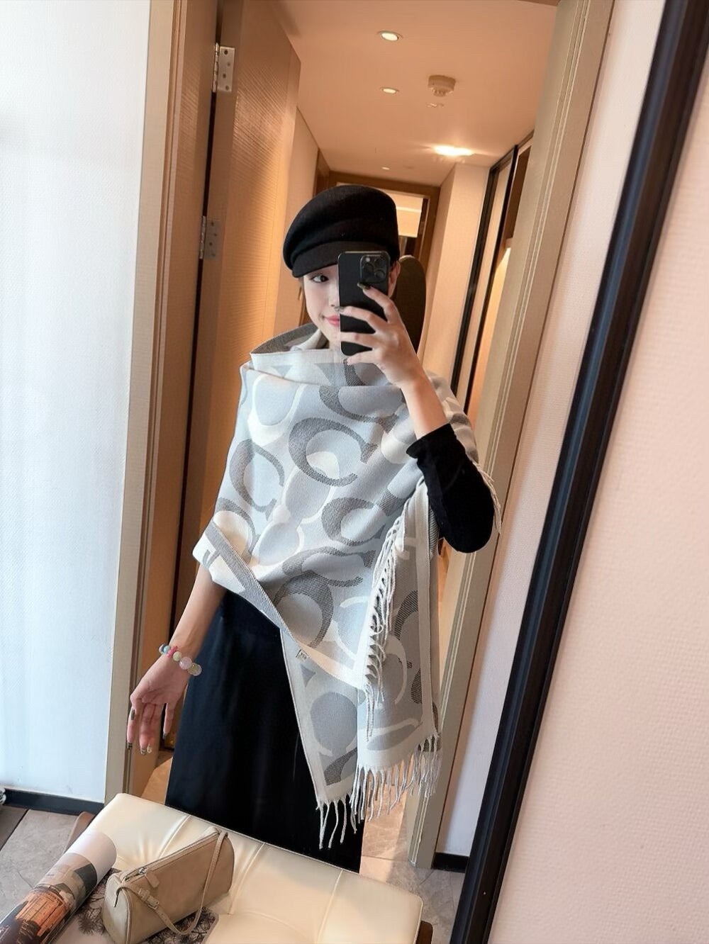 Simple Monogram Cashmere Fringed Scarf-10 mysite